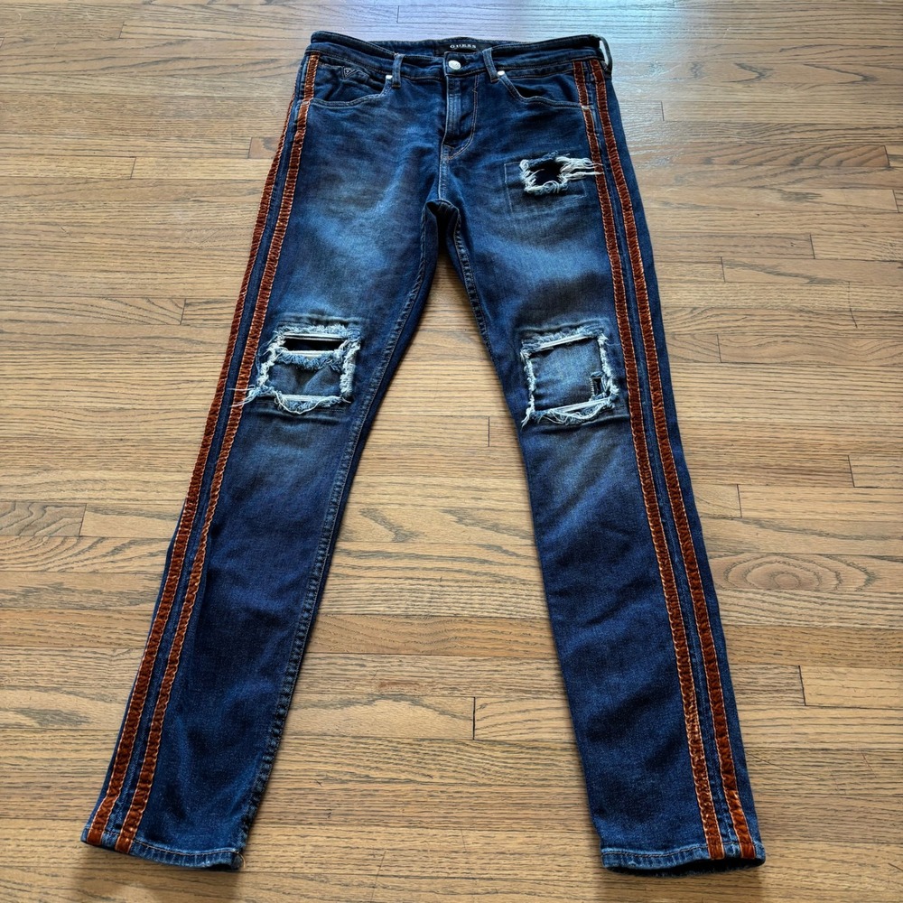 Guess Skinny Jeans Womens Blue Distressed Velvet Side Stripe Dark‎ Wash Denim 31